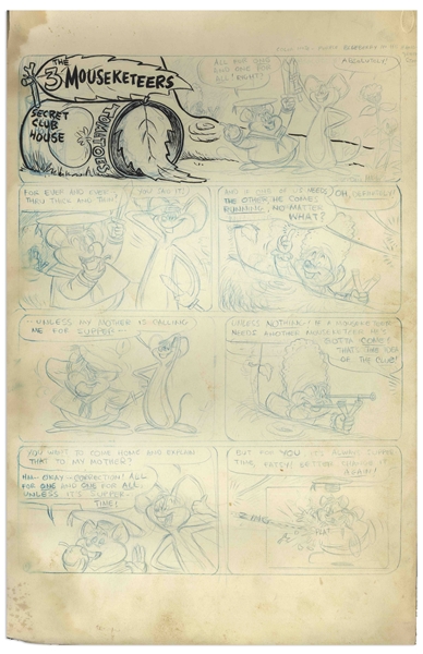 Sheldon Mayer Original Hand-Drawn ''The Three Mouseketeers'' Draft -- Minus Saves Fatsy & Patsy From the Rooster!